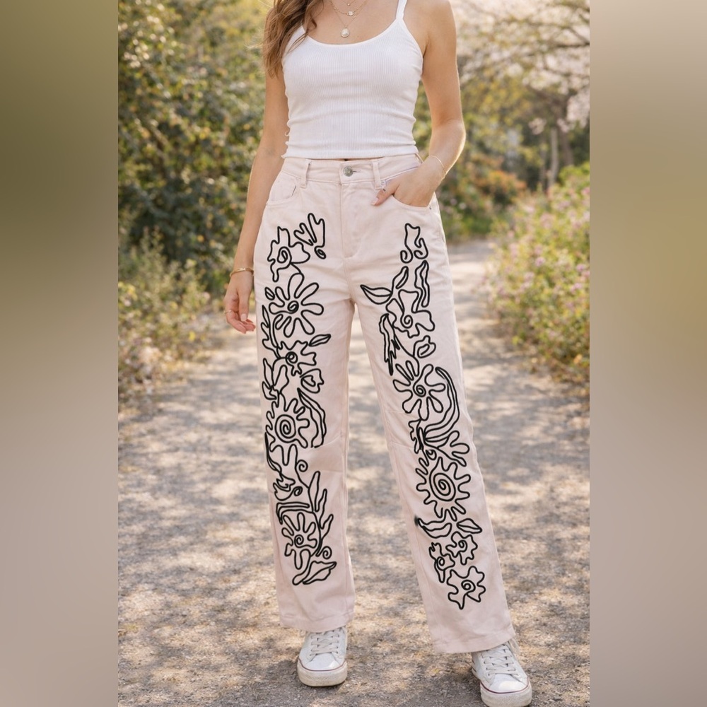 Abstract Floral Embroidered Wide Leg Barrel Pants